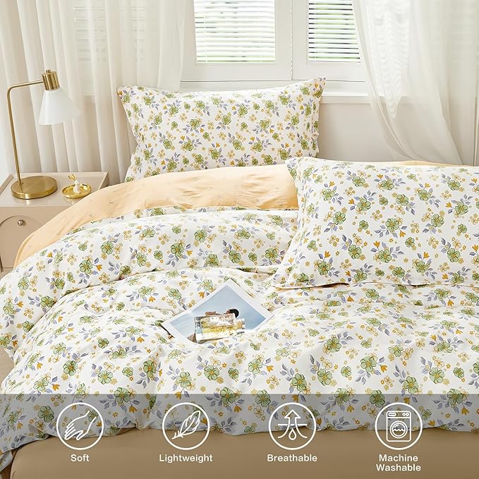SAPHREAS Green Floral Duvet Cover Set Full Size 3pcs Botanical Blossom Bedding Comforter Cover Set 100% Cotton 1 Duvet Cover 90"x80" 2 Pillow Shams, Comforter Not Included