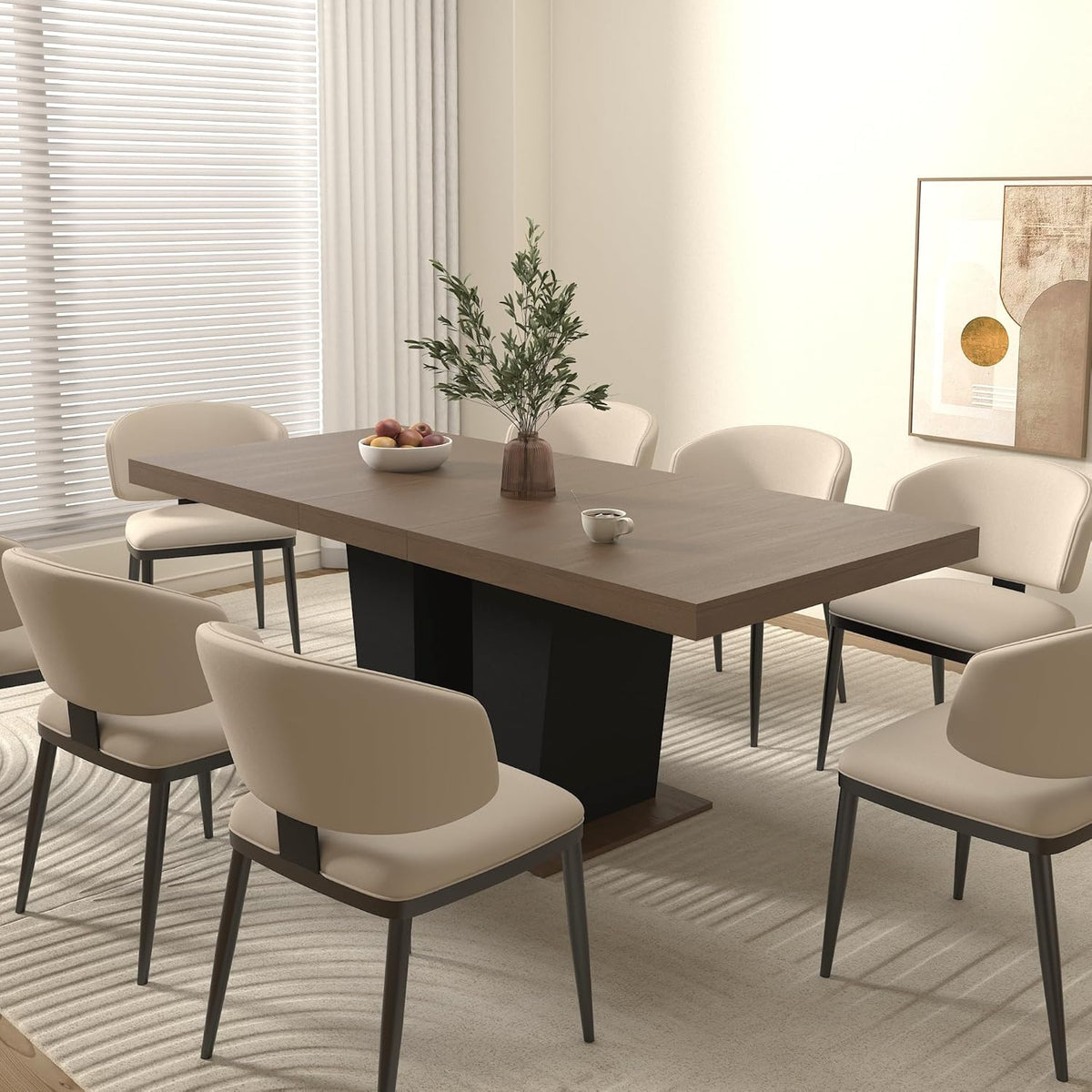 KEIKI 63"–79" Extendable Dining Table, Rectangular Wooden Kitchen Table with Dual Pedestal Base, Space-Saving Transformer Table for 4–10 People, Brown