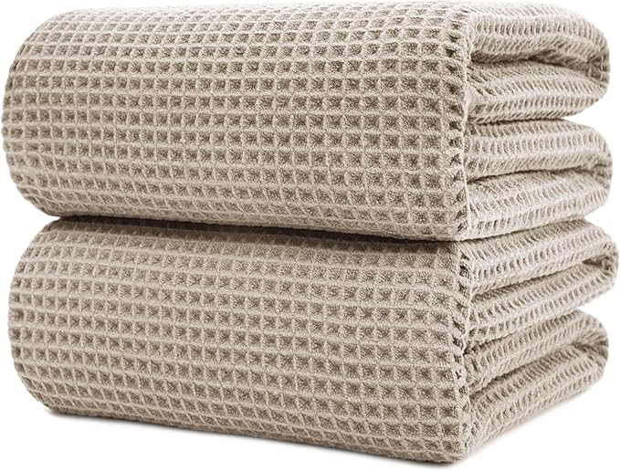 POLYTE Microfiber Quick Dry Lint Free Bath Sheet, 70 x 35 in, Set of 2 (Beige, Waffle Weave)