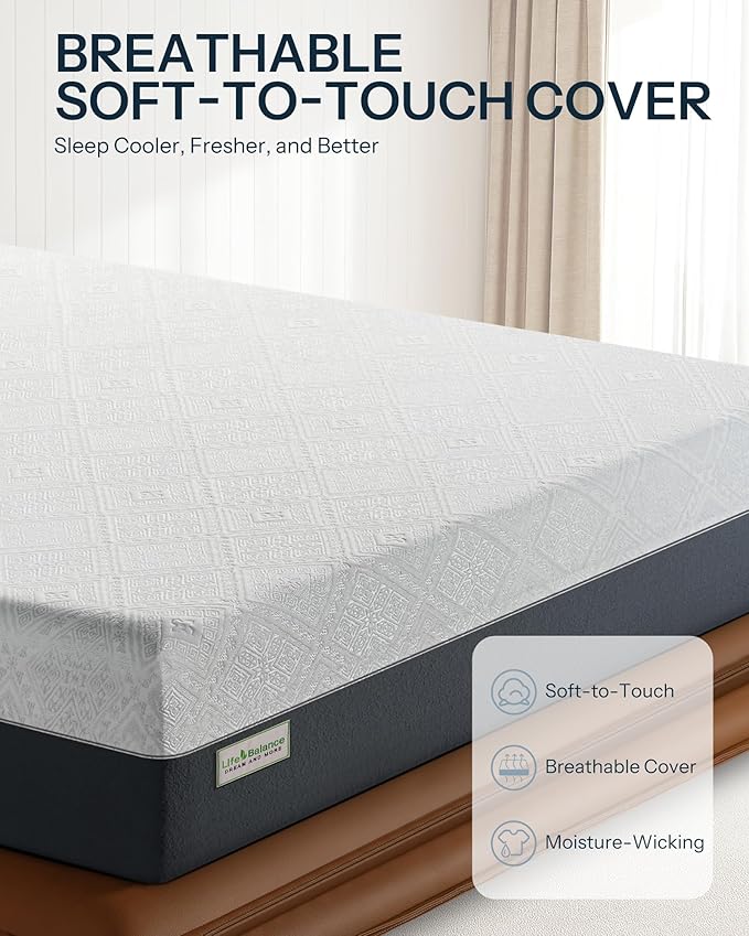 Life Balance 12 Inch Full Size Mattress, Cooling Memory Foam Bed Mattress Made in USA, Full Colchones in a Box, Medium Firm, CertiPUR-US Certified, Pressure Relief, Motion Isolation, CY-12-F