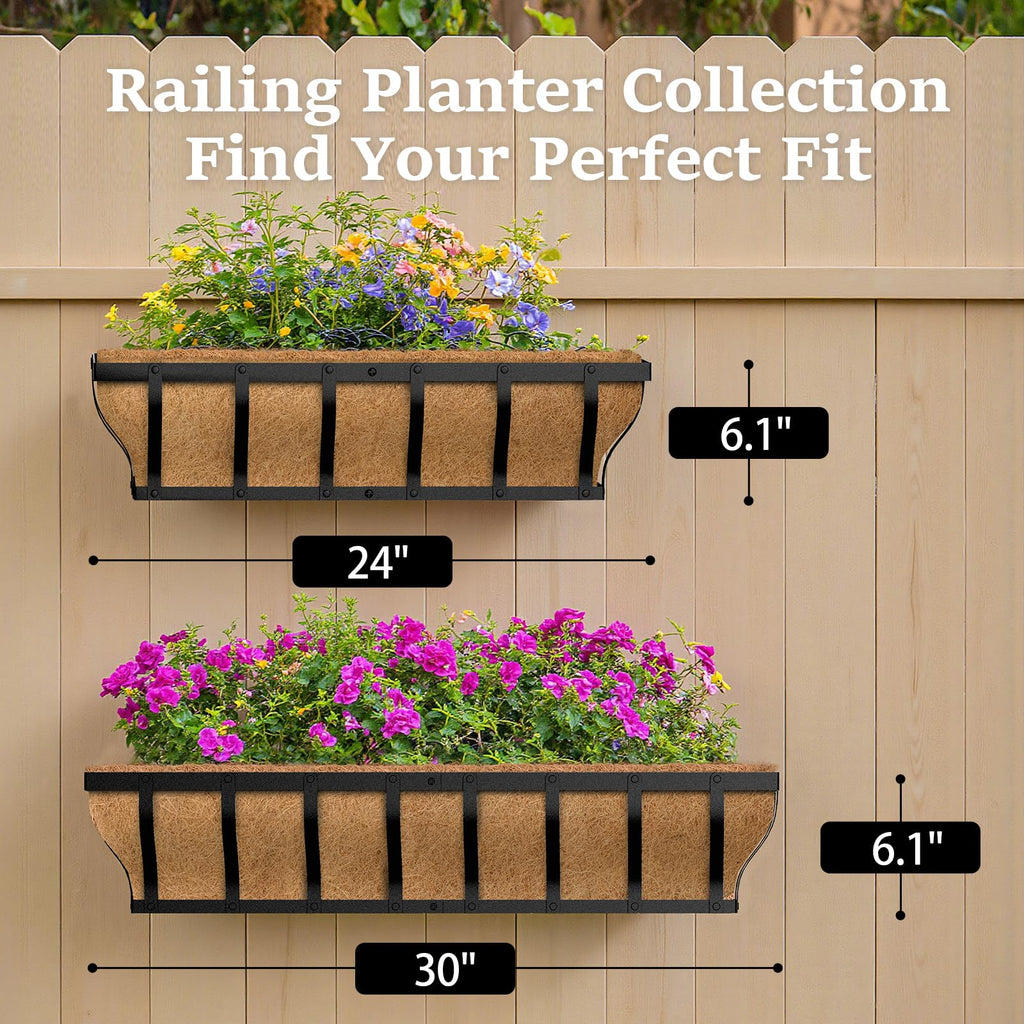 VOXOR Railing Planter Boxes, Heavy Duty Window Box Planters, Adjustable Balcony Planters for Railing Hanging, with Coco Liner for Deck, Porch, and Patio Gardening (2 Pack, 24 Inch)