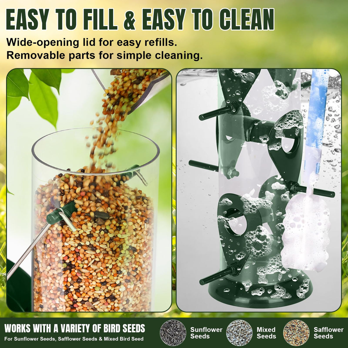 FEED GARDEN Metal Bird Feeder- 6 Port Tube Feeder for Outdoors with Metal Lid, Easy Fill & Clean, Weather Resistant, 13 Inch