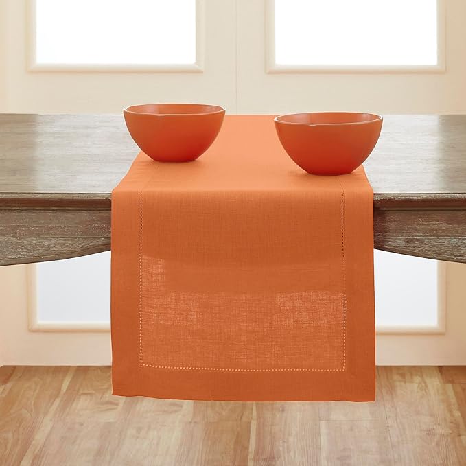 Solino Home Linen Pumpkin Hemstitch Table Runner 60 Inches - 100% Pure Linen Small Table Runner 14 x 60 Inch Ideal for Dresser and Coffee Tables - Classic Hemstitch - Fall, Halloween, Thanksgiving