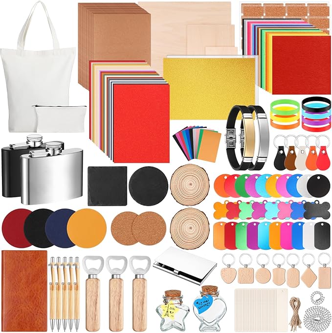 Dunzoom 257 Pcs Laser Material Kit Laser Engraving Materials Including Acrylic, Metal, Wood, Fabric, PU Leather, Glass, Rock, Rubber Materials for Laser Engravers and Laser Cutters