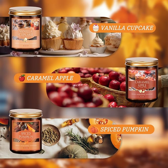 Fall Candles Set, 6 Pack Candles for Home Scented Natural Soy Wax, Autumn Gifts Set for Women Men, Fall Fragrance of Pumpkin/Cinnamon/Vanilla Cupcake/Apple/Harvest/Latte
