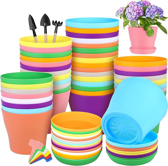 Hahood 36 Pack 5.5 Inch Plastic Plant Pots with Saucers Colorful Flower Plant Container Seed Starting Pots Thickened Seedlings Nursery Pots for Home Garden Indoor Outdoor Flowers, 9 Colors
