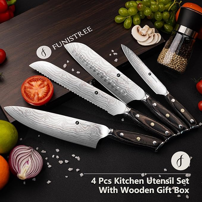 4 Pieces Professional Kitchen Knife Set, Damascus German Stainless Steel Chef Knife Set With Wooden Box, 8" Chef Knife, 5" Utility Knife, 8" Bread Knife, 7" Santoku Knife, Gift for Men Women Christmas