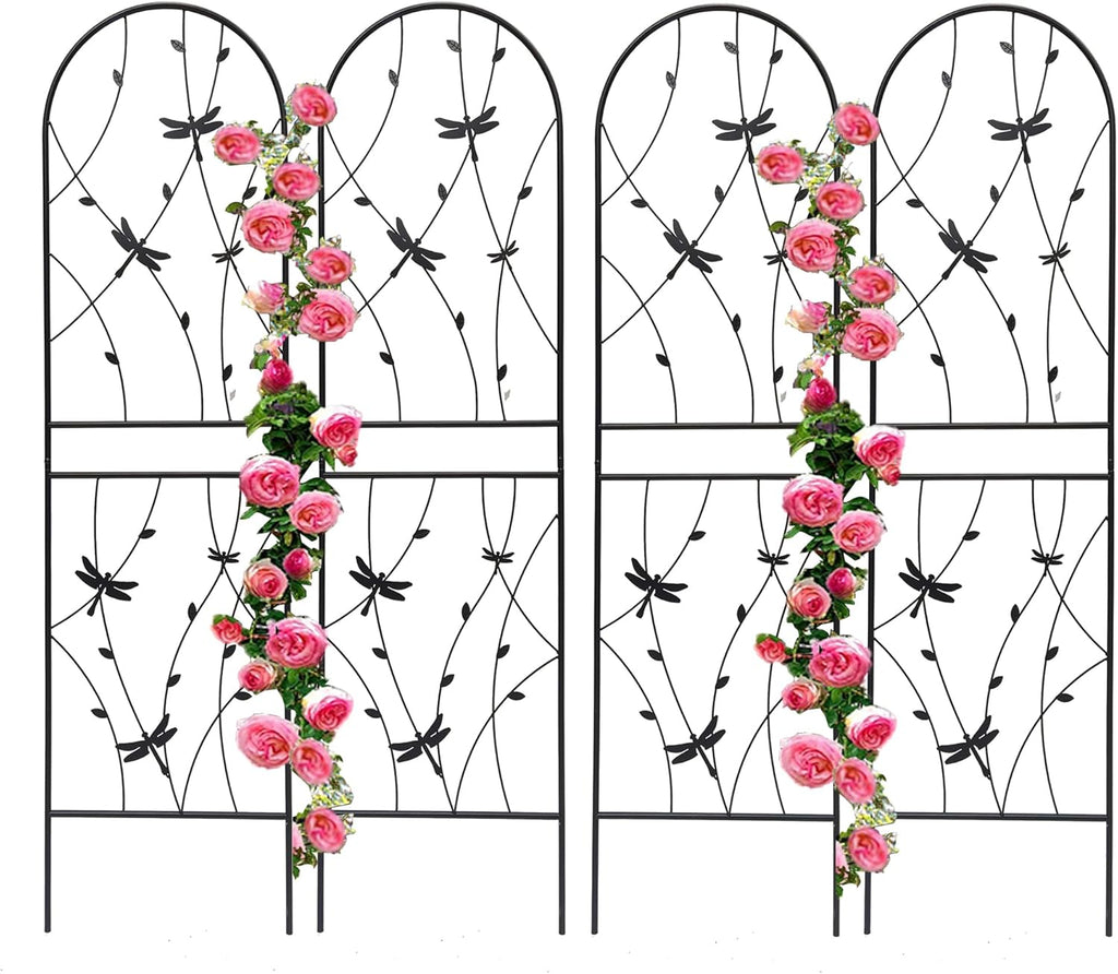 4 Pack Metal Garden Trellis 86.7" Tall Outdoor Climbing Plant Support for Roses, Flowers, Rustproof Durable Black Galvanized Tube, Lawn Garden Fence Decor Screen (4, Black dragonflies-86.7" H)