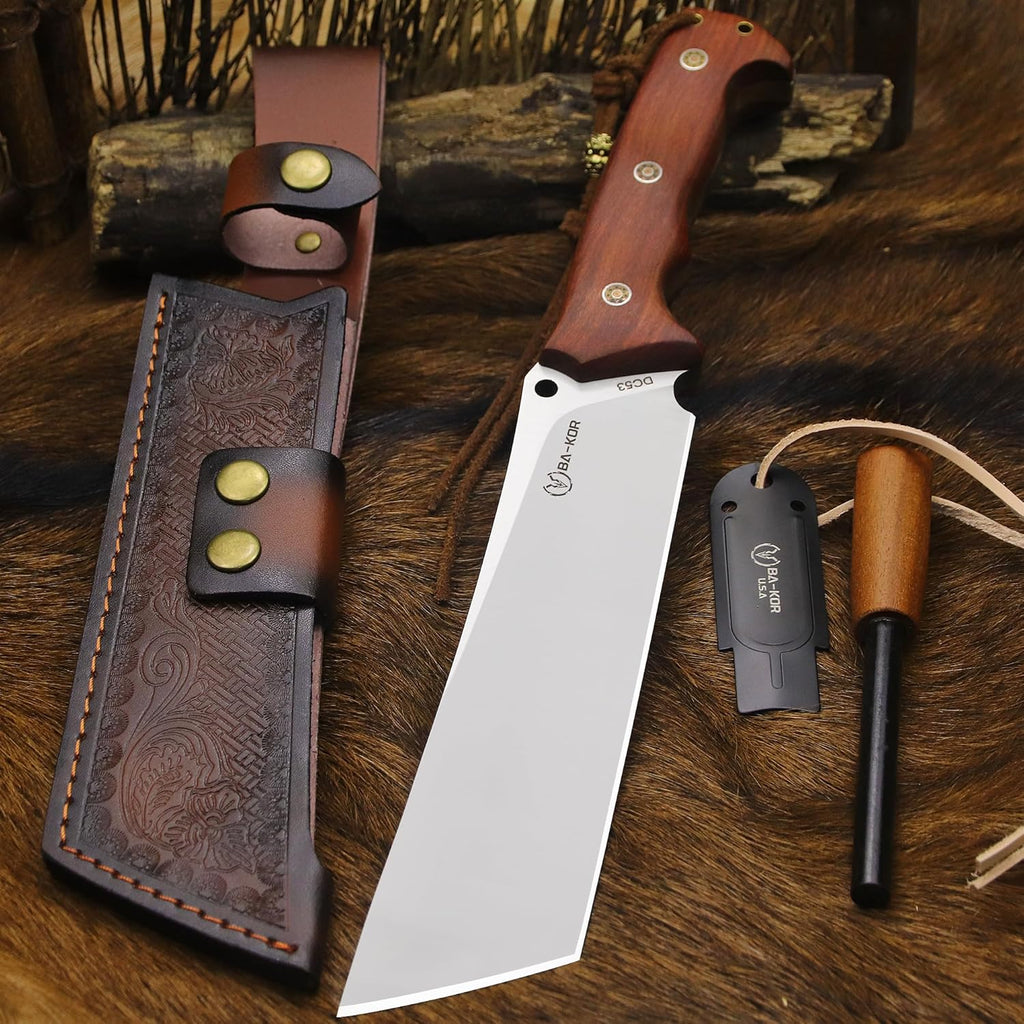 BA-KOR 14-inch full Tang 8mm thick DC53 steel-wood handle brass rivet reinforced one-piece knife + leather sheath - hunting, camping, survival, slicing, bone-cutting knife EDC, BBQ