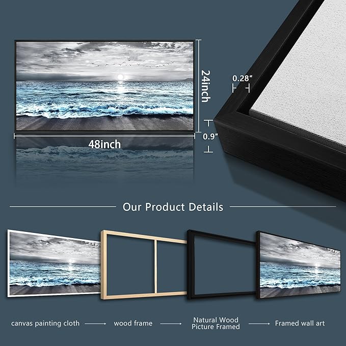 Wapluam Large Black Framed Wall Art For Living Room Wall Decor For Bedroom Office Wall Decorations Black And White Wall Painting Blue Sea Wave Pictures Artwork For Modern Beach Canvas Prints Poster