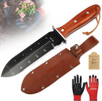 Hori Hori Garden Knife, Gardening Tools with Leather Sheath for Weeding, Gardening, Digging, 7” Stainless Steel Blade with Double Cutting Edge, Full Tang Wood Handle with Hanging Hole
