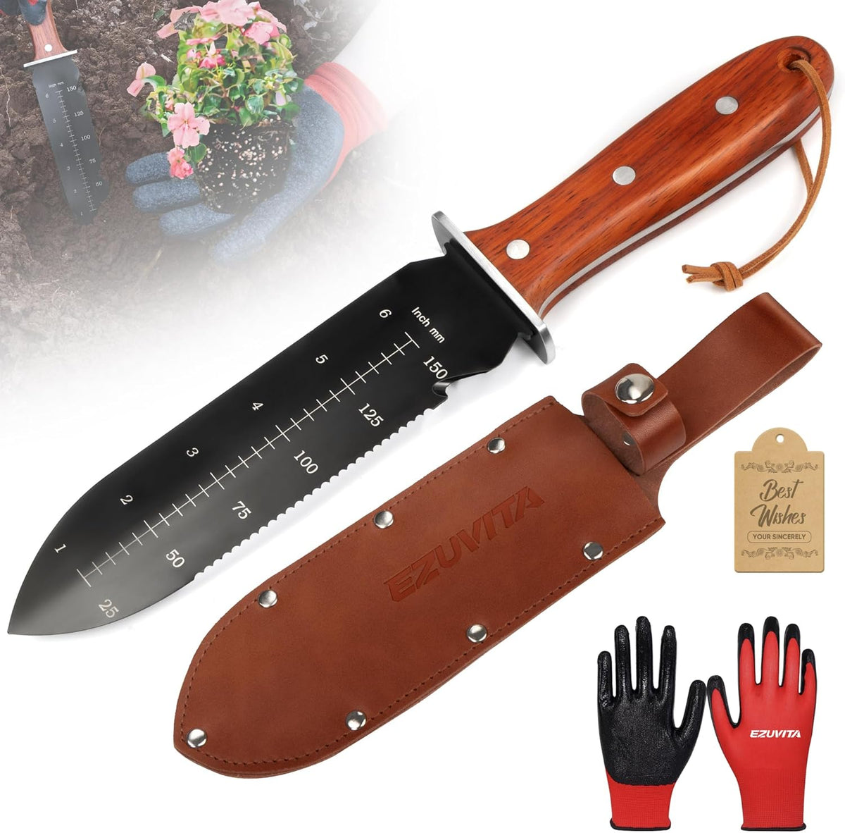 Hori Hori Garden Knife, Gardening Tools with Leather Sheath for Weeding, Gardening, Digging, 7” Stainless Steel Blade with Double Cutting Edge, Full Tang Wood Handle with Hanging Hole