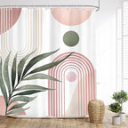 Glawry Pink Green Boho Shower Curtain Abstract Mid Century Tropical Leaves Modern Geometric Minimalist Arch Sun Bathroom Aesthetic 60Wx72L Inches Bath Accessories Art Home Decor Fabric 12 Pack Hooks