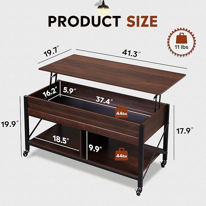 WLIVE Coffee Table, 41.3" Lift Top Coffee Table with 4 Wheels, Hidden Compartment, Storage Shelf and Lift Tabletop for Living Room, Reception Room, Espresso