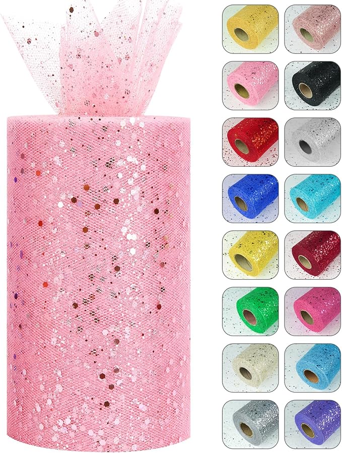 Glitter Tulle Rolls, 6” by 50 Yards (150FT) Sparkling Tulle Spool Ribbon Sequin Tulle Netting Fabric for Tutu Skirt Wedding Birthday Baby Shower (Pink)