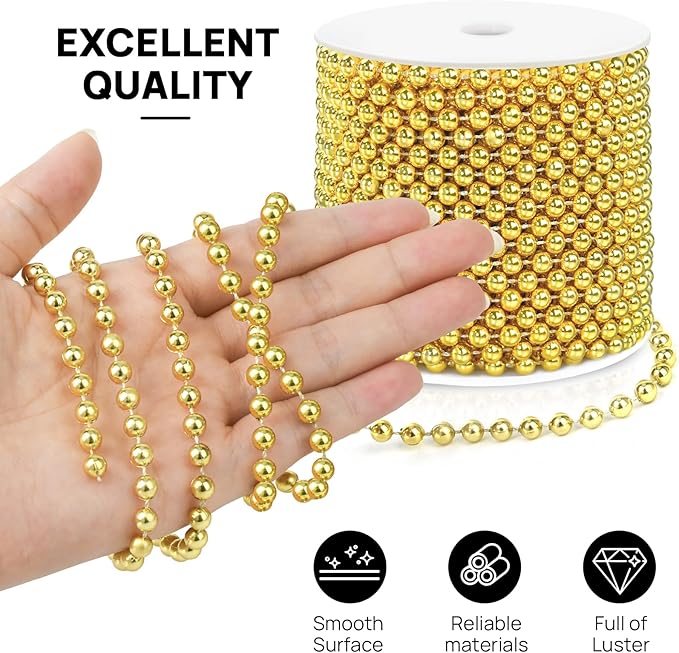 Craft String Pearls 6MM Pearl Bead, 66 Feet Gold Faux Pearl Garland Spool Roll Strand Wedding Party Decoration, Christmas Tree Decorations