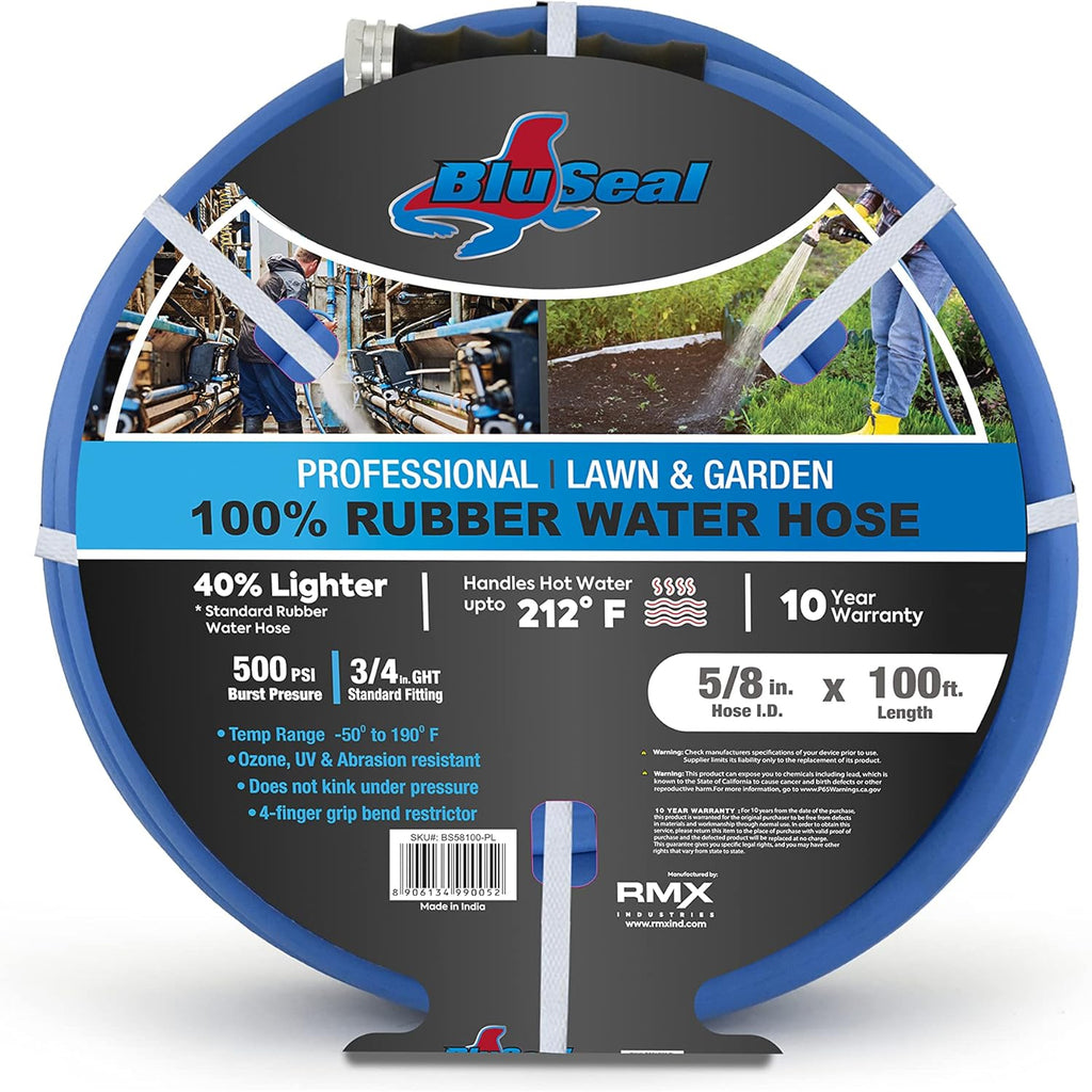 BluSeal Hot/Cold Water Rubber Garden Hose, 100% Rubber, Ultra-Light, Super Strong, 500 PSI, 50F to 190F Degrees, High Strength Polyester Braided (5/8" x 100')
