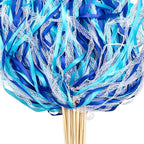 Taiyin 150 Pcs Lace Ribbon Stick Wands Wedding Wand Streamers with Bell Silk Ribbon Fairy Wand Wedding Send Off Streamer for Baby Shower Holiday Party Favors(Dark Blue,Light Blue)