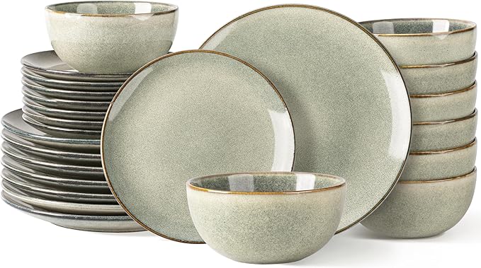 AmorArc Ceramic Dinnerware Sets for 8, 24 Pieces Handpainted Stoneware Plates and Bowls Set, Scratch Resistant Dishes Set, Dishwasher & Microwave Safe, Reactive Color