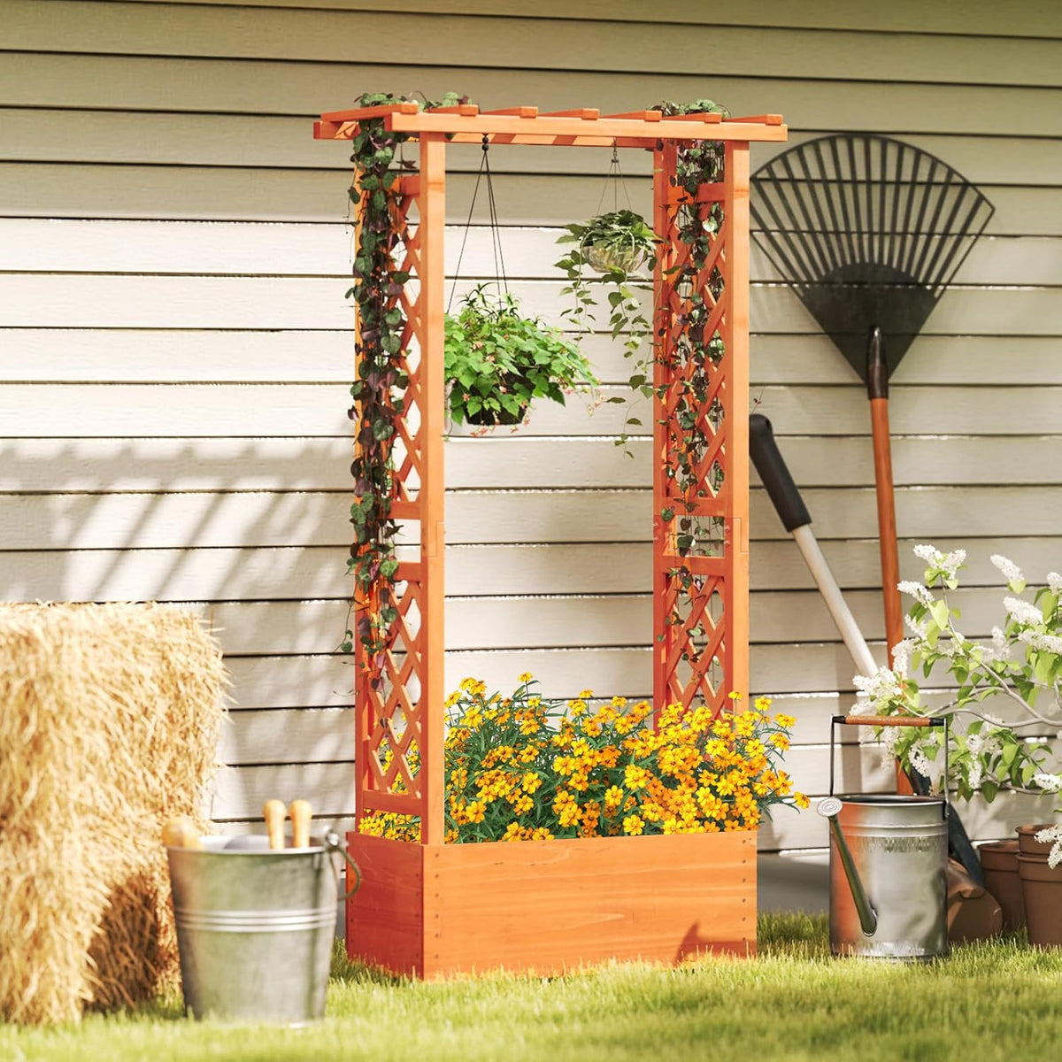 S AFSTAR Raised Garden Bed with Trellis, Wood Planter Box with Hanging Roof & Drainage Holes for Climbing Plants, Vines, Flowers & Vegetables, Indoor Outdoor Plant Container for Patio & Yard