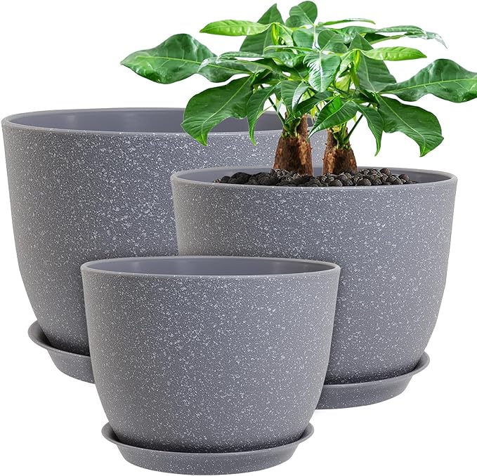 12/10/9 Large Modern Plant Pots, Plastic Planters with Drainage Holes and Saucers for Indoor Outdoor Plants Flowers, Grey Speckles