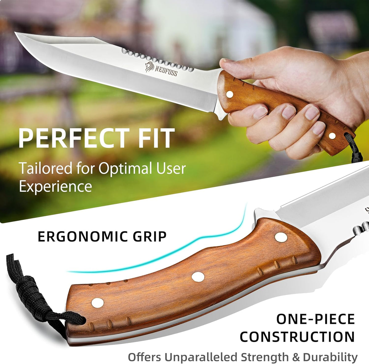 NedFoss 13.5" Machete Knife with Leather Sheath, Strong 8Cr14Mov Steel 0.22" Thick Blade Full Tang Kukri Machete for Cutting Trees Heavy Duty, Fixed Blade Knife for Yard Work Clearing Brush