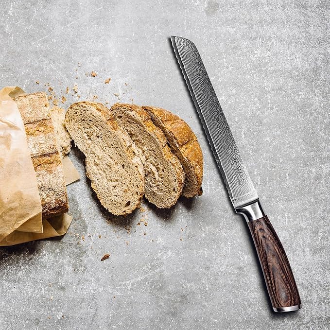 Wakoli Bread Knife, 7.9-inch Blade Damascus Chef Knife made from 67 Layers of Damascus Steel with VG10 Core, Sharp Kitchen Knives with Pakkawood Handle, Chefs Knife for Breads in Gift Box (EDIB)