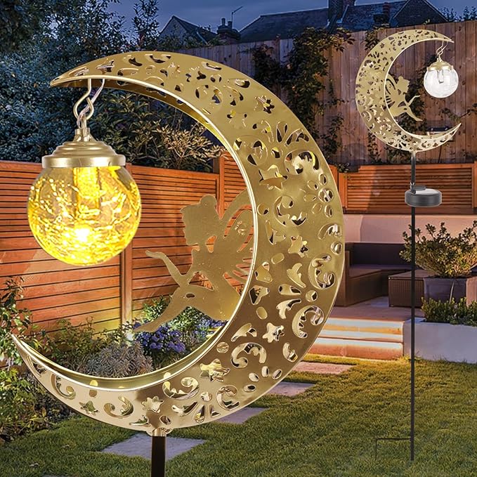 Solar Lights Outdoor Waterproof Fairy Moon Crackle Glass Lights with Metal Angel Decor for Walkway Yard Patio or Garden Gifts for Mom Grandma Friends