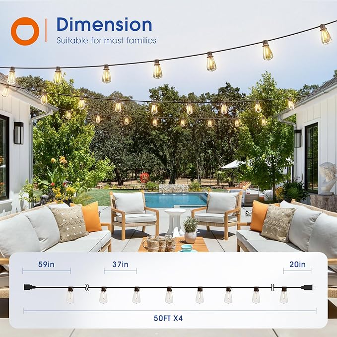 addlon 200FT(50FT*4) LED Outdoor Lights Waterproof Patio Lights with 64 Shatterproof ST38 Replaceable Bulbs(4 Spare), Dimmable Outside Hanging Light Connectable for Porch, Backyard