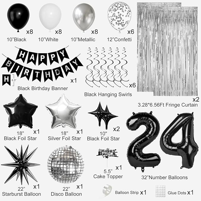 24th Birthday Decorations for Men Women, Black Silver Happy Birthday Party Decorations， 24 Year Old Party Supplies with Number 24 Balloons, Banner, Fringe Curtains Kit