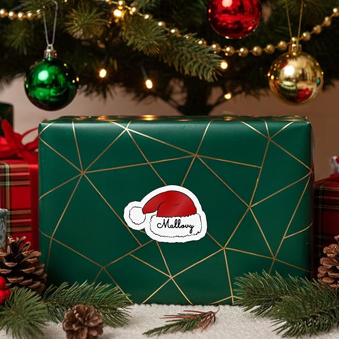Personalized Christmas Stickers, Custom Name Waterproof Christmas Gift Tags for Gift Box Holiday Decorations, Stockings, Party Favors (Cute Santa Hat)