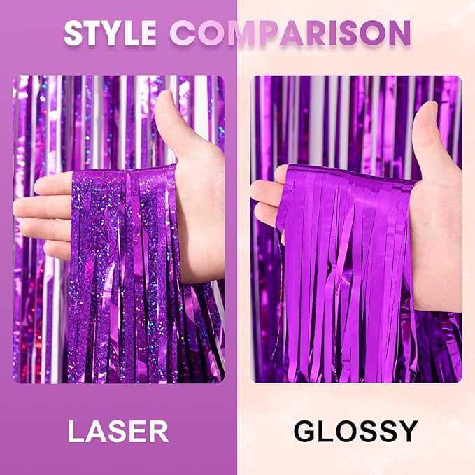 2 Pack Purple Tinsel Foil Fringe Curtains, Purple Party Decorations, Metallic Tinsel Party Streamers Backdrop for Halloween Mermaid Bachelorette Graduation Party Decorations