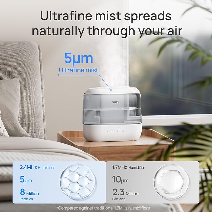Dreo Top Fill 4L Humidifiers for Bedroom, 36H Runtime, 28 dB Quiet Cool Mist Supersized Air Humidifier for Large Room, Plants, Baby Nursery, Indoor, Night Light, Easy to Clean & Fill, Gray
