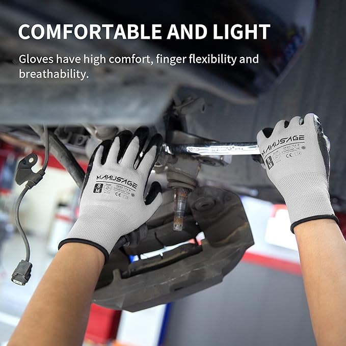 MANUSAGE Safety Work Gloves, Nitrile Work Gloves For Men and Women, Work Gloves With Touchscreen Fingers, Work Gloves men, Men's work gloves with grip,mechanics gloves (Size-L, Grey, 6 Pairs)