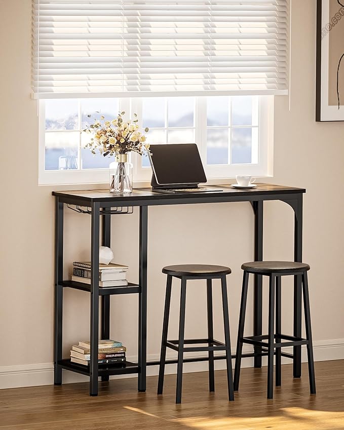 Small Bar Table Set for 2, Bar Table and Chair Set for 2, Kitchen Table for 2 with 2 Storage Shelves & Wine Glass Holder, Dining Table for Small Apartment, Dining Room, Black
