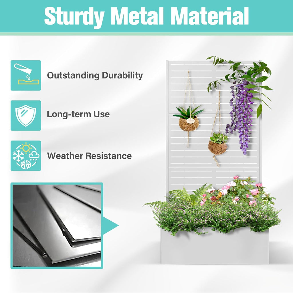 71"x35"x16" Metal Planter Box with Trellis Raised Garden Bed with Trellis, Planter Box & Privacy Screen for Climbing Plants, Vegetable, Vines(White, Louvered)