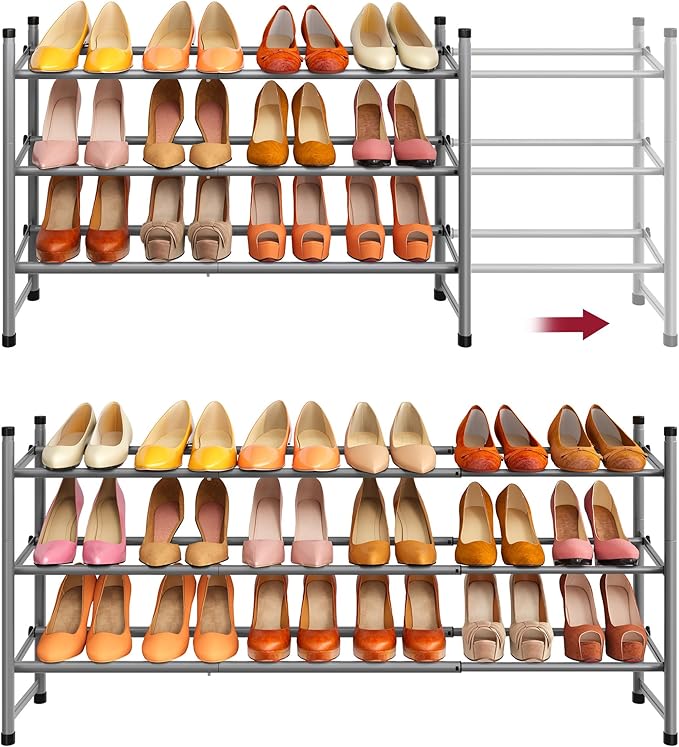 Tajsoon Expandable Shoe Rack for Closet 3 Tier, 28“-41“Adjustable & Stackable Shoe Shelf Storage, Metal Shoe Rack Organizer for Front Door Entrance, Closet, Garage, Entryway, Grey