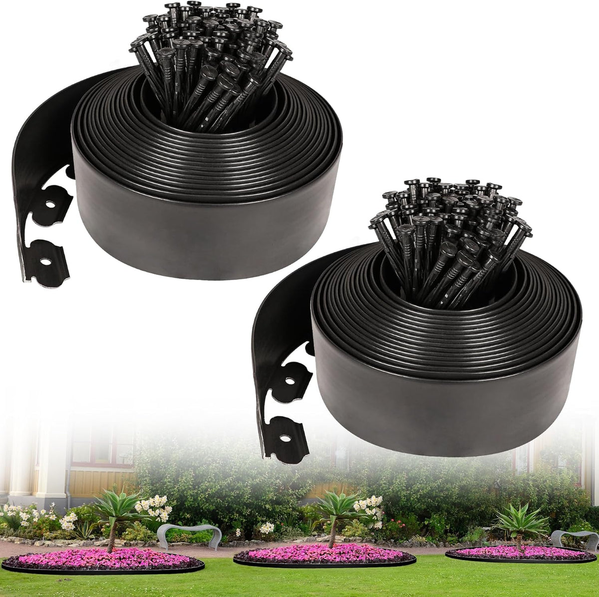 4 Inch Tall Garden Edging Border 66FT with 90pcs Spikes, Plastic Edging Border for Landscaping, Lawn, Garden, Flower Beds, Paver, Pathway