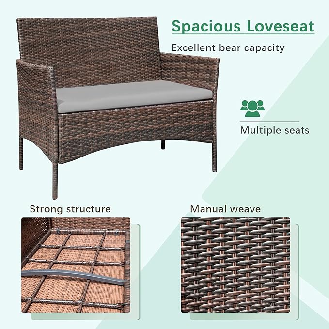 Greesum Patio Furniture 4 Pieces Conversation Sets Outdoor Wicker Rattan Chairs Garden Backyard Balcony Porch Poolside loveseat with Soft Cushion and Glass Table, Brown and Gray