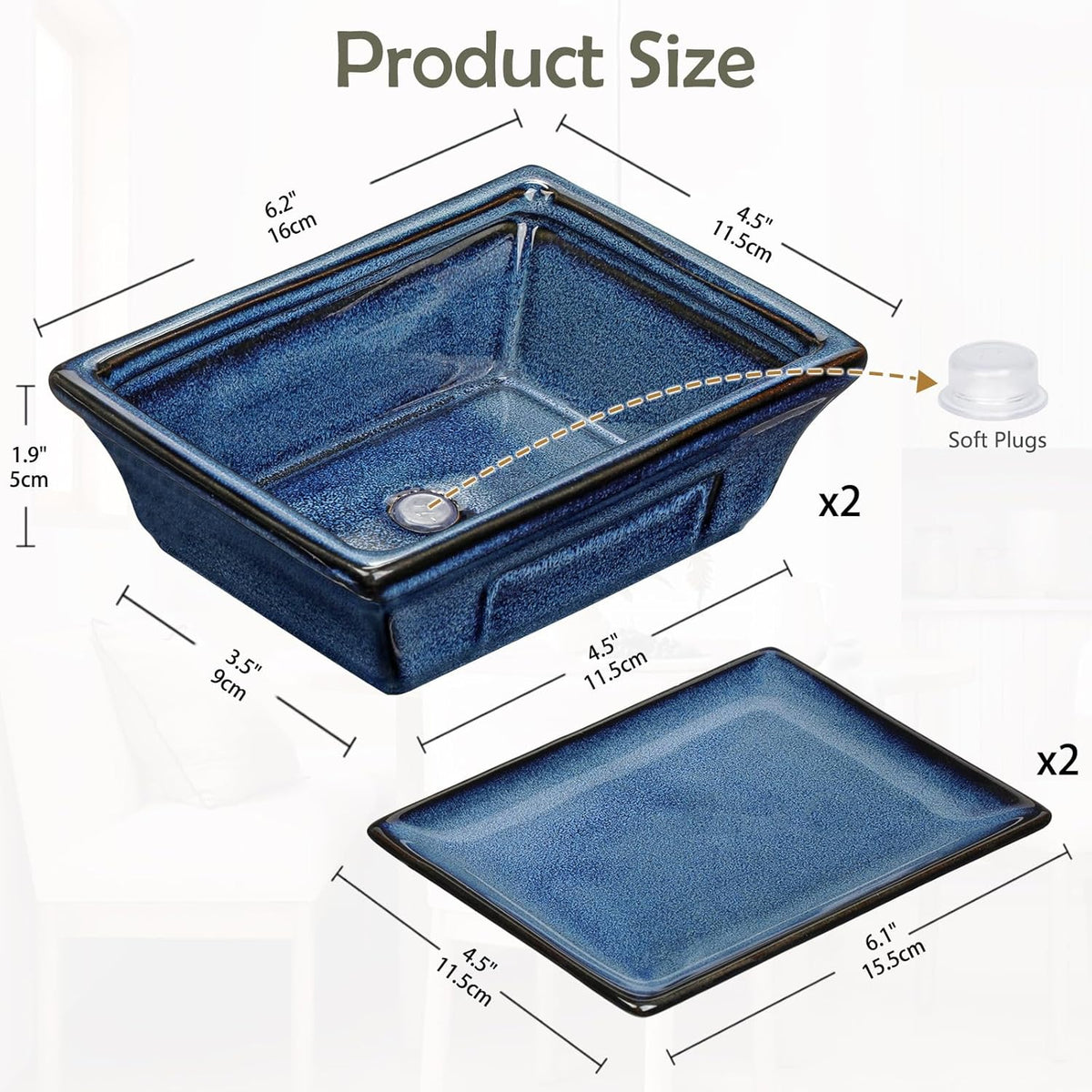 Ceramic Bonsai Pots with Drainage Tray Set of 2, 6 Inch Blue Glazed Bonsai Planters for Indoor/Outdoor Use, Shallow Rectangular Bonzai Tree Pots for Succulent, Orchids, Cacti, Home, Patio, Garden