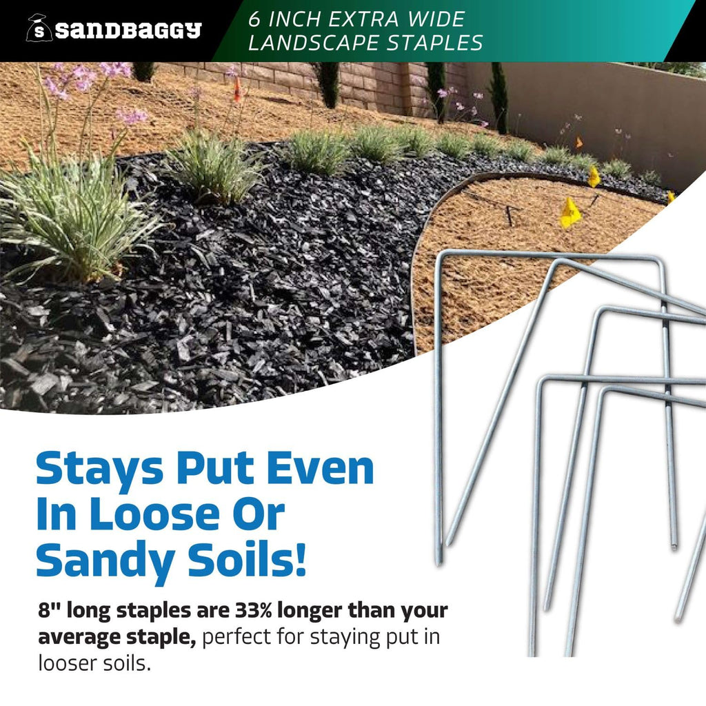Sandbaggy 6" Wide Landscape Staples - Extra Heavy Duty: 7 Gauge Galvanized Steel - Hold Down Pipes, Landscape Fabric, Ground Cover, Erosion Control Netting, Sod, & Turf (100, 6" W x 8" L)