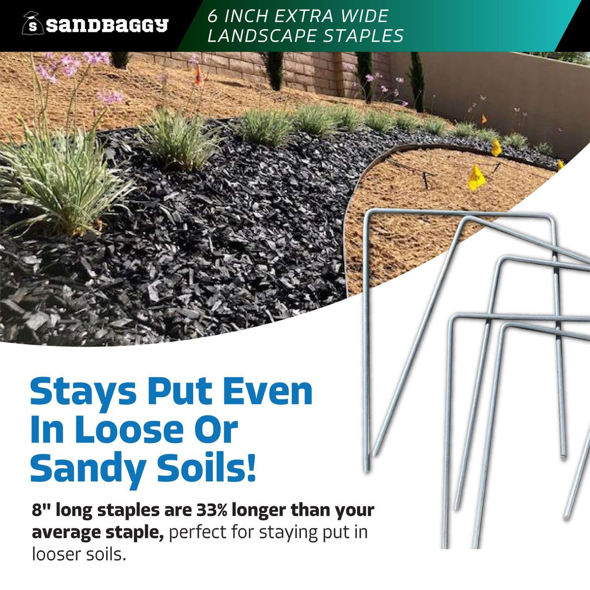 Sandbaggy 6" Wide Landscape Staples - Extra Heavy Duty: 7 Gauge Galvanized Steel - Hold Down Pipes, Landscape Fabric, Ground Cover, Erosion Control Netting, Sod, & Turf (150, 6" W x 8" L)
