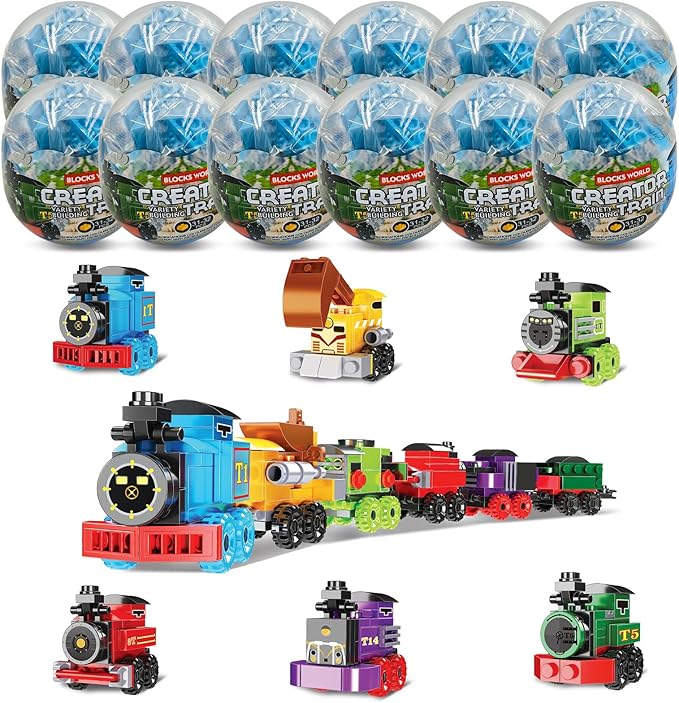 Mini Building Block Sets, 12PCS Vehicle Train Toys Building Blocks, 6 in 1 STEM Toys Eggs Building Sets, Party Favors for Kids Goodie Bags Prizes/Birthday Gifts