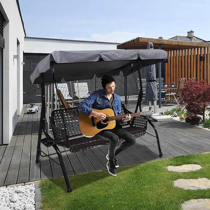 Outdoor Patio Swing Chair Canopy Replacement, 3 Seater Porch Swing Seat Canopy Cover, Waterproof Windproof Anti-UV Heavy Duty Rip Proof Garden Hammock Top Cover, Garden Furniture Covers (Grey, Large)