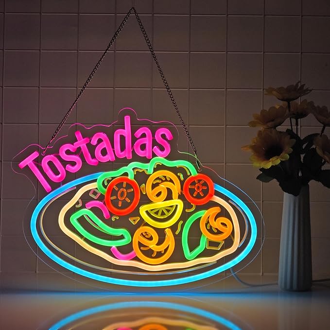 CNBEYOUNG Tostadas Neon Sign, Neon Lights Hanging Wall Art Decoration for Mexican Restaurant Diner Cafés Kitchen Celebration Home Decor, USB Powered Ultra Bright Dimmable,14.96×11.02inches