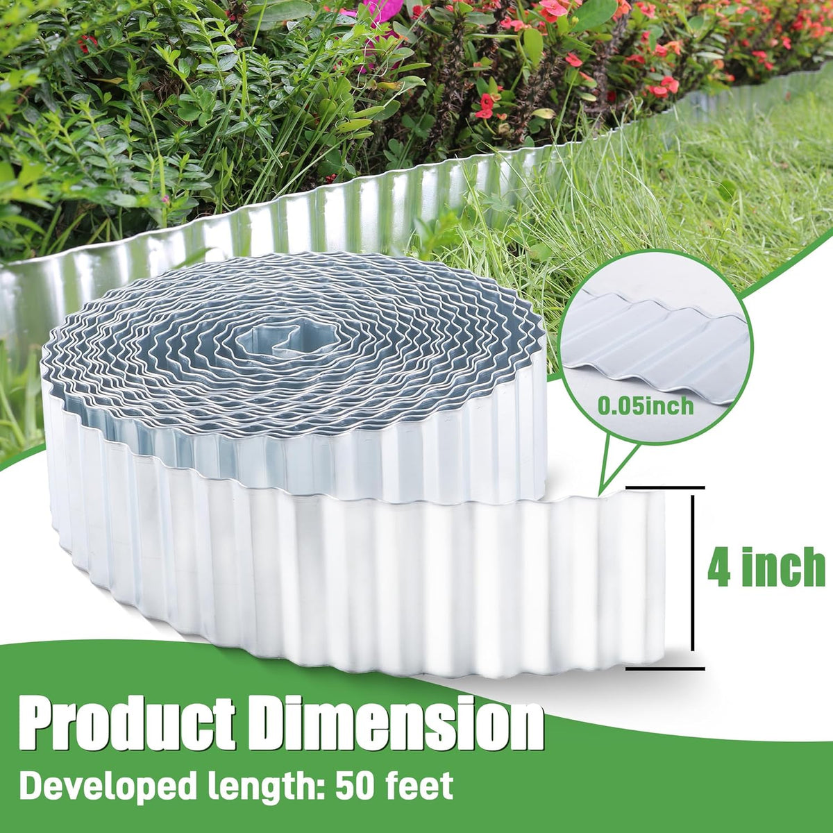 Metal Corrugated Garden Edging, 4" x 50Ft Garden Edging Border for Garden and Flower Bed, Landscape Edging for Grass Barrier, Sidewalk, Lawn and Yard, Silvery