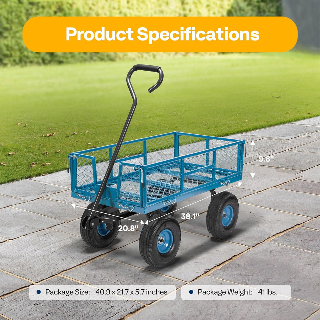 VIVOHOME Heavy Duty 880 Lbs Capacity Mesh Steel Garden Cart Folding Utility Wagon with Removable Sides and 4.10/3.50-4" Wheels 10 inch Tire (Blue)