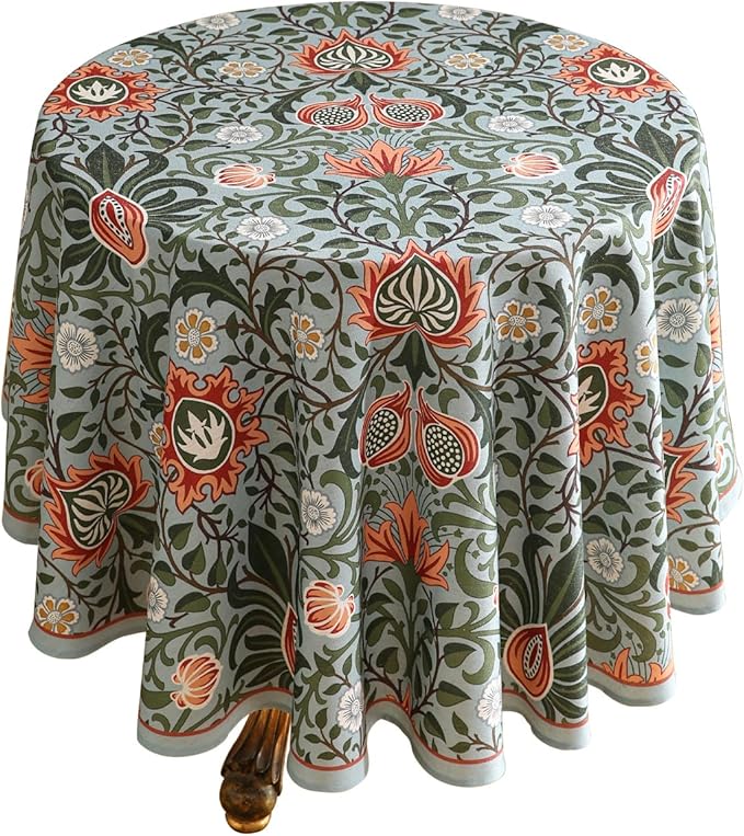 ISAENNE Designer Bohemian Linen Green Round Tablecloth,Floral Indoor Table Cloth,Stain Resistant Decor Tablecloths for Dining Thanksgiving Kitchen Party Christmas,Diameter 67"-Naples