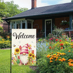 Welcome Flags for Outside,Spring Floral Gnome Garden Flag for Yard Patio Lawn Decoration,12x18 Inch Double Sided