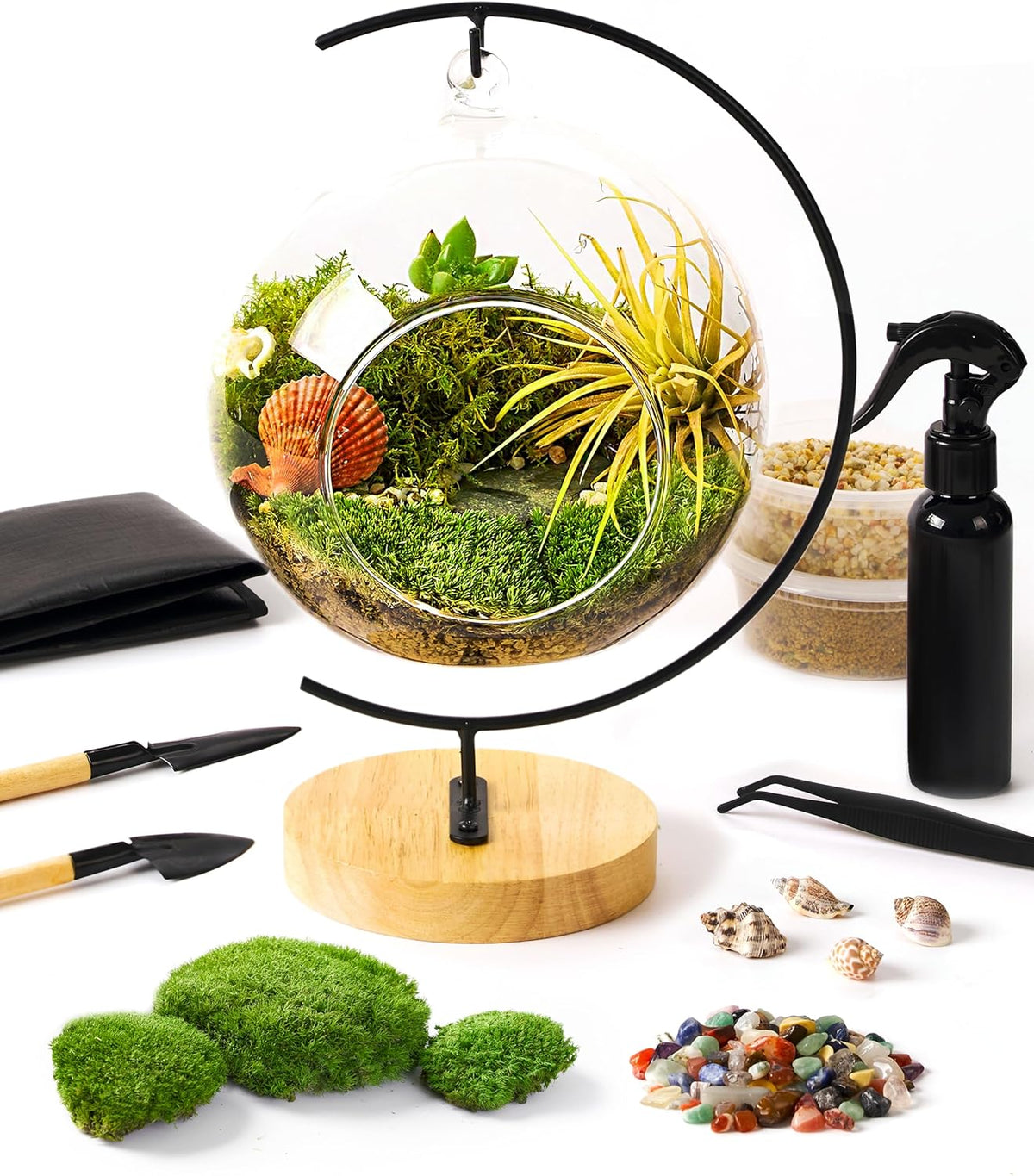15-Piece Terrarium Kit with Live Moss – DIY Glass Globe Set with Tools, Soil, Stones & Spray Bottle – Indoor Mini Garden Gift for Plant Lovers, Home Decor & Zen Craft